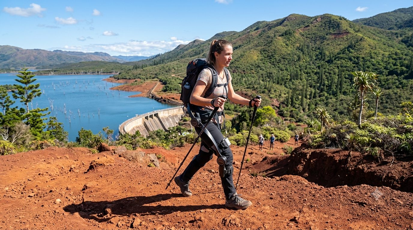 Randonneuse équipée d'un exosquelette sur un sentier de terre rouge — Nouvelle-Calédonie